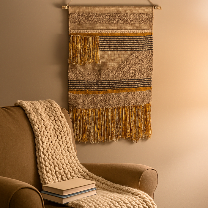 Multicolour cotton fringe wall hanging shown at an angle for depth
