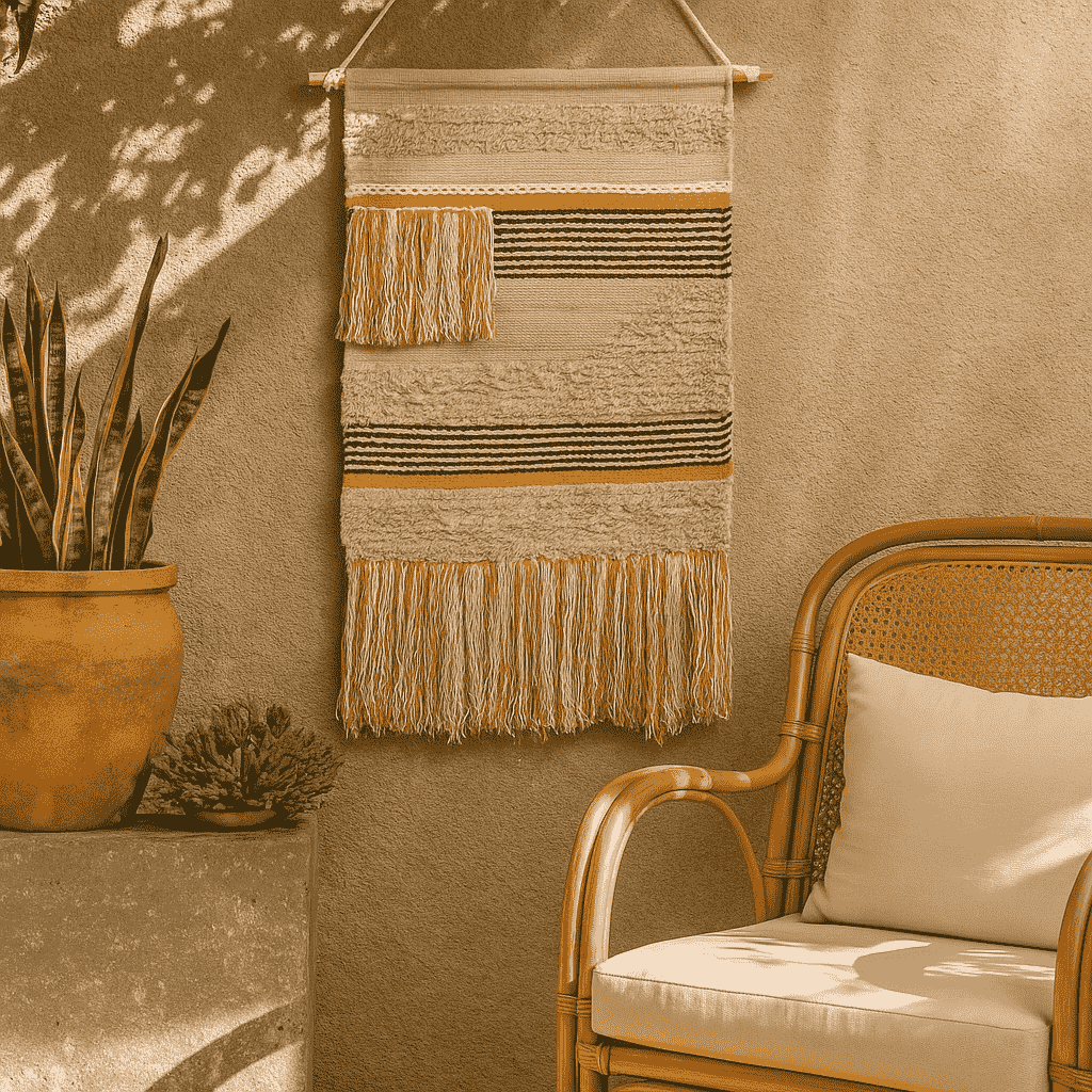 Multicolour cotton fringe wall hanging shown above a sofa setting
