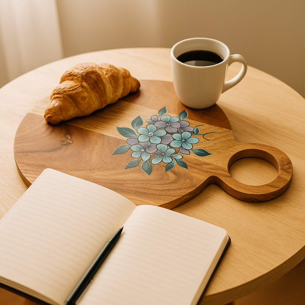 Painted chopping board styled with food