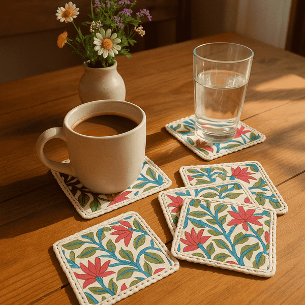 Botanical Coasters | Block Printed Cotton Set of 6 Boho Decor