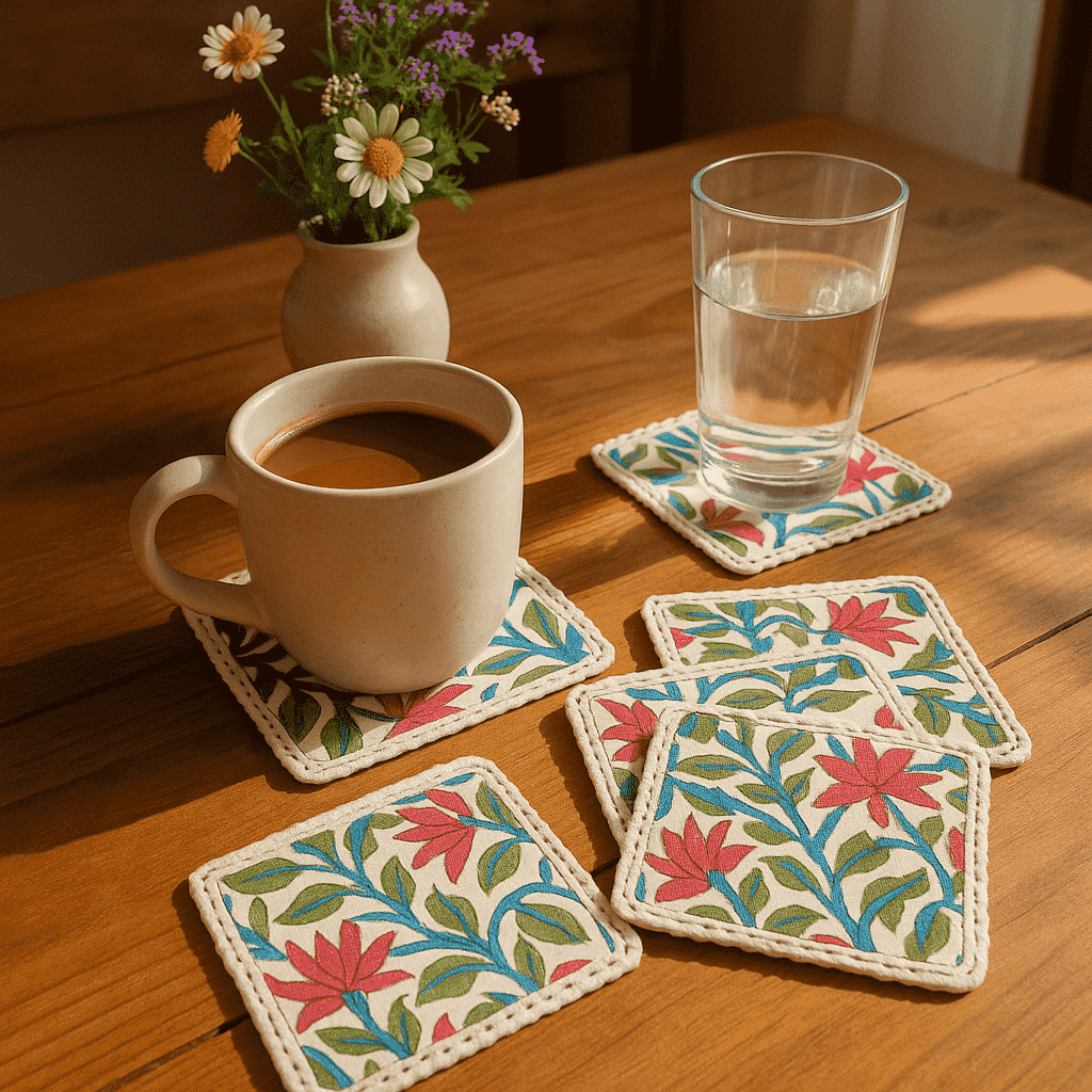 Botanical coasters block printed by Gleemium