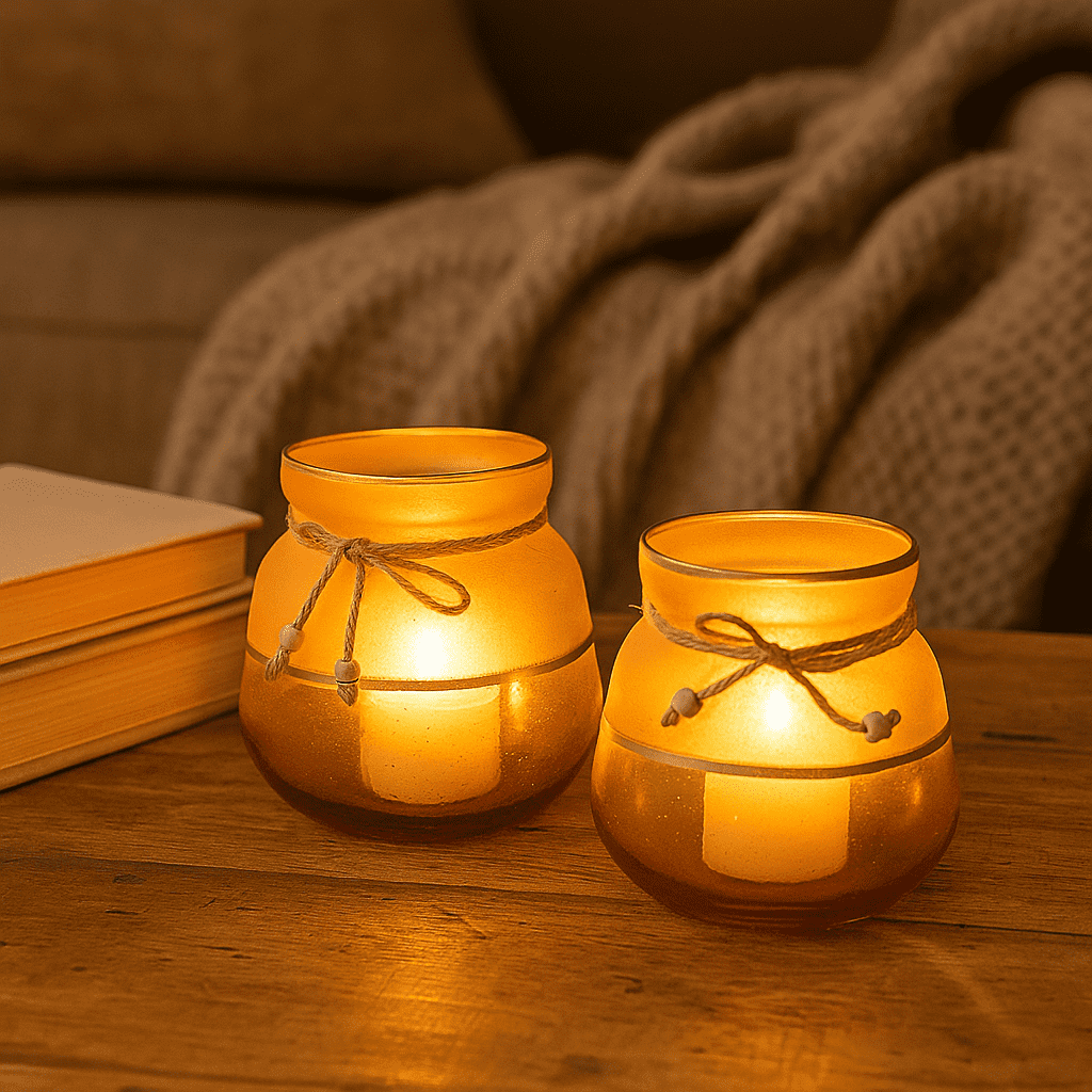 Jute ribbon glass votives set of 2, 5.4x5.4x5.4 inches, 700g, natural earthy tone