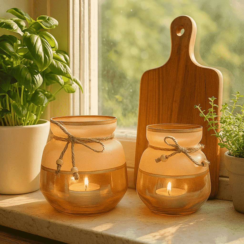 Jute ribbon votives in earthy votive display