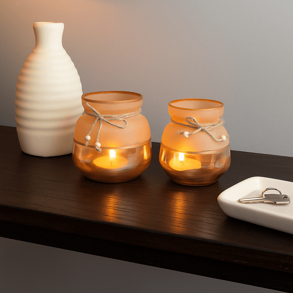 Jute glass votives styled on dining table