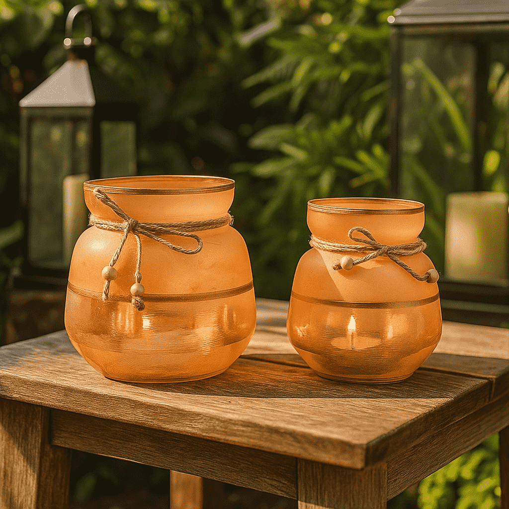 Rustic jute ribbon glass votives outdoor setting