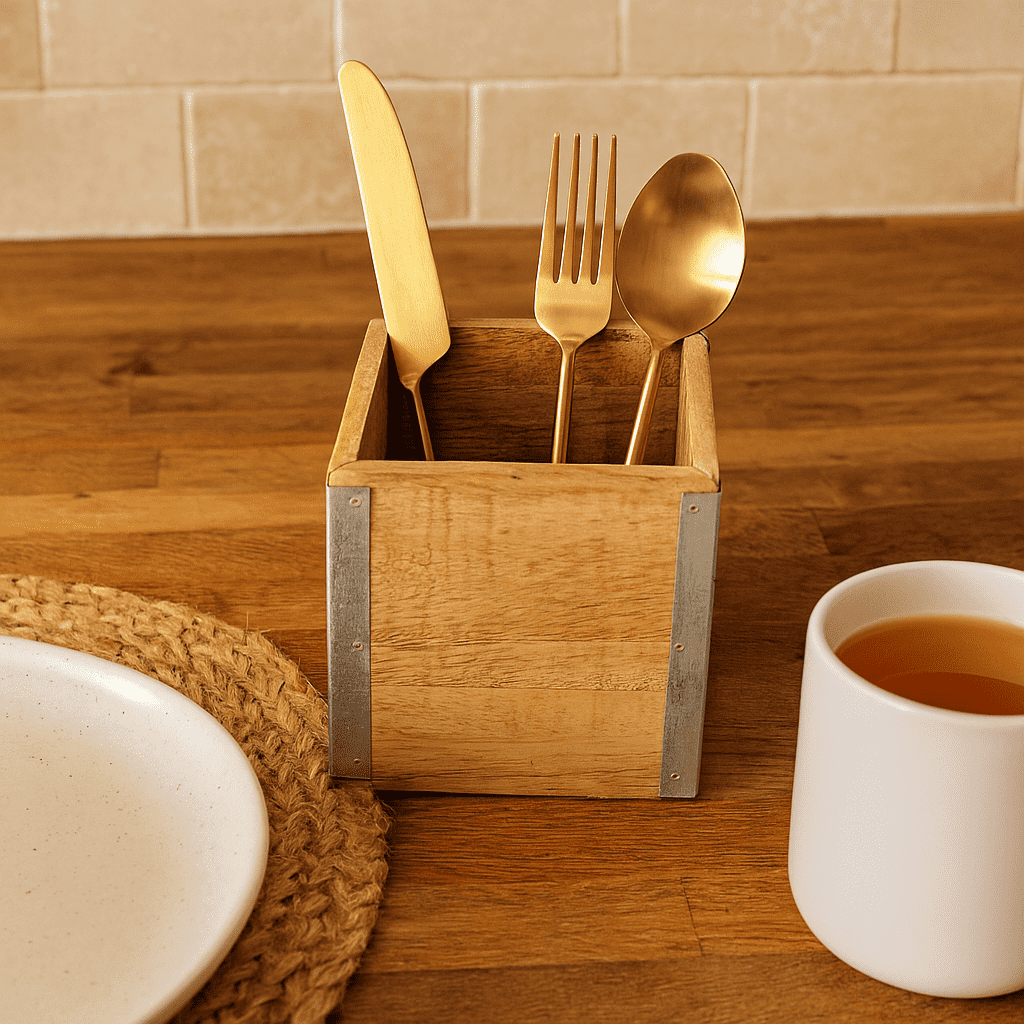 Mango wood cutlery holder front view