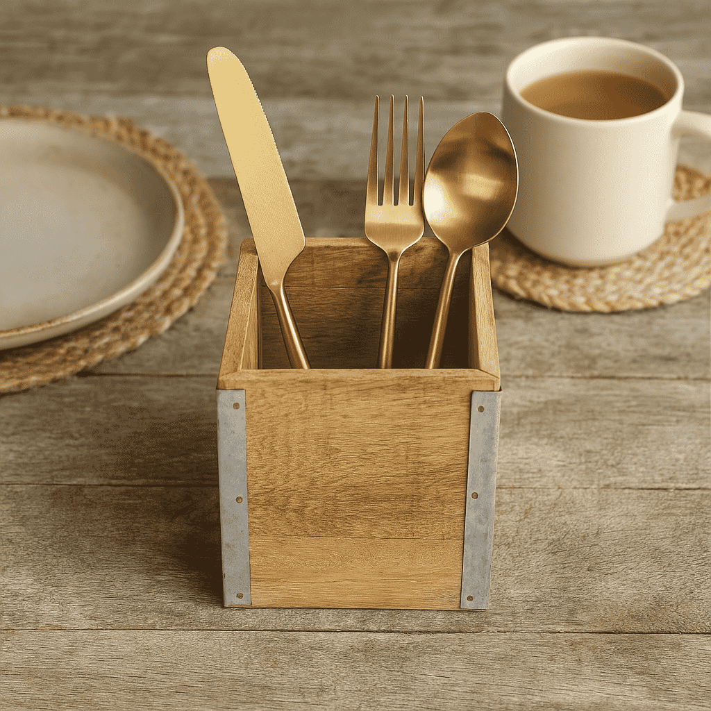 Mango wood cutlery holder farmhouse by Gleemium