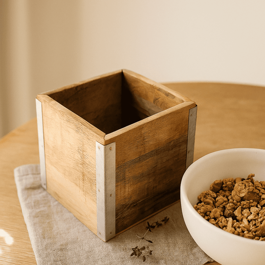 Mango wood cutlery holder top view of compartments