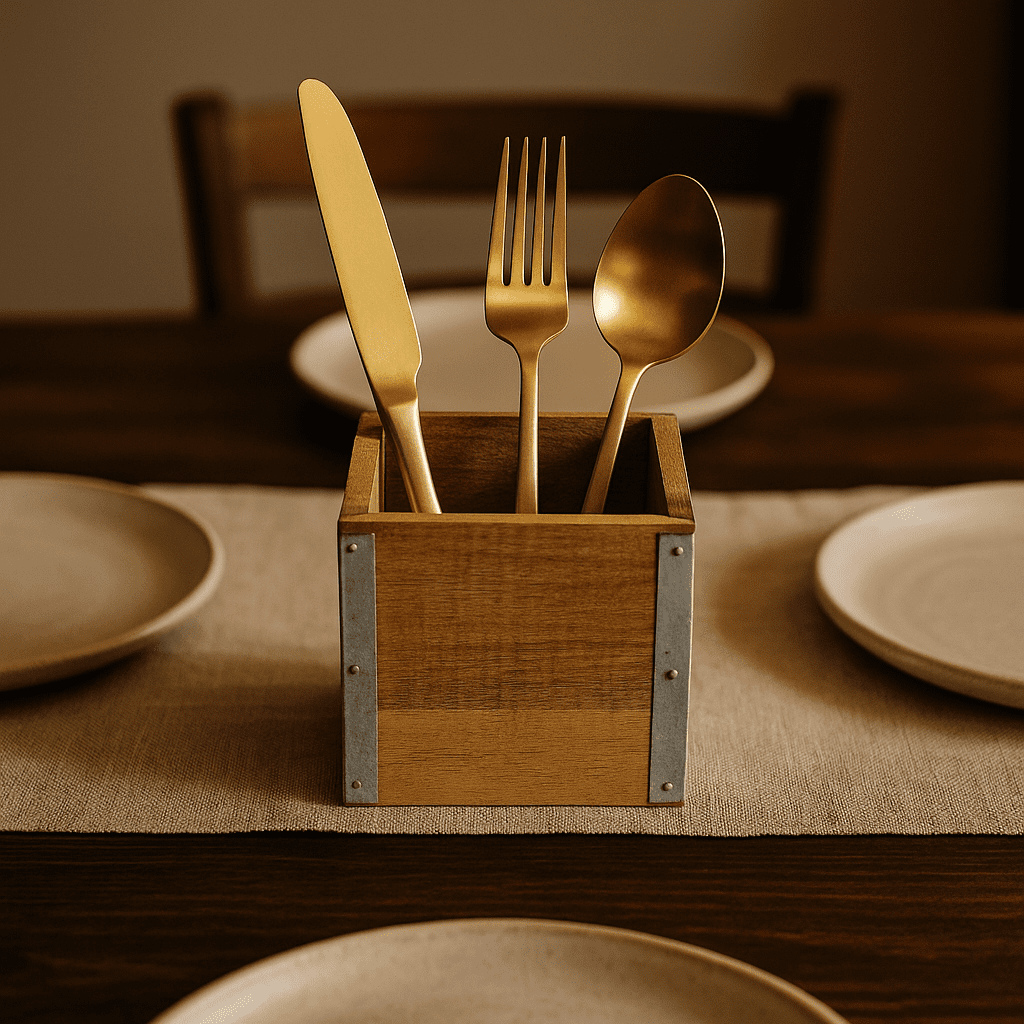Mango wood cutlery holder raw wood finish detail