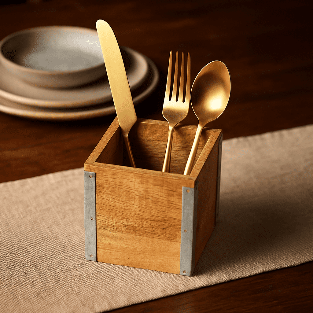 Mango wood cutlery holder on a kitchen bench