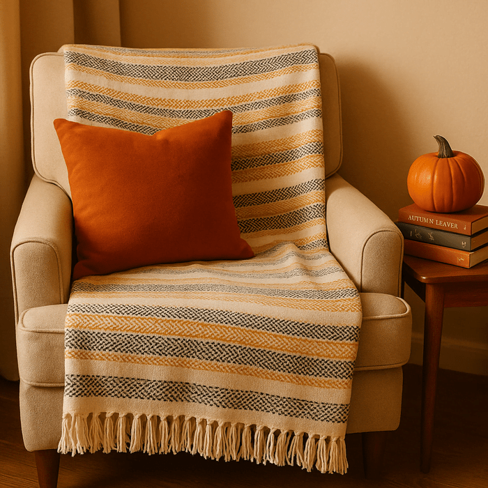 Chevron striped throw blanket draped over a chair