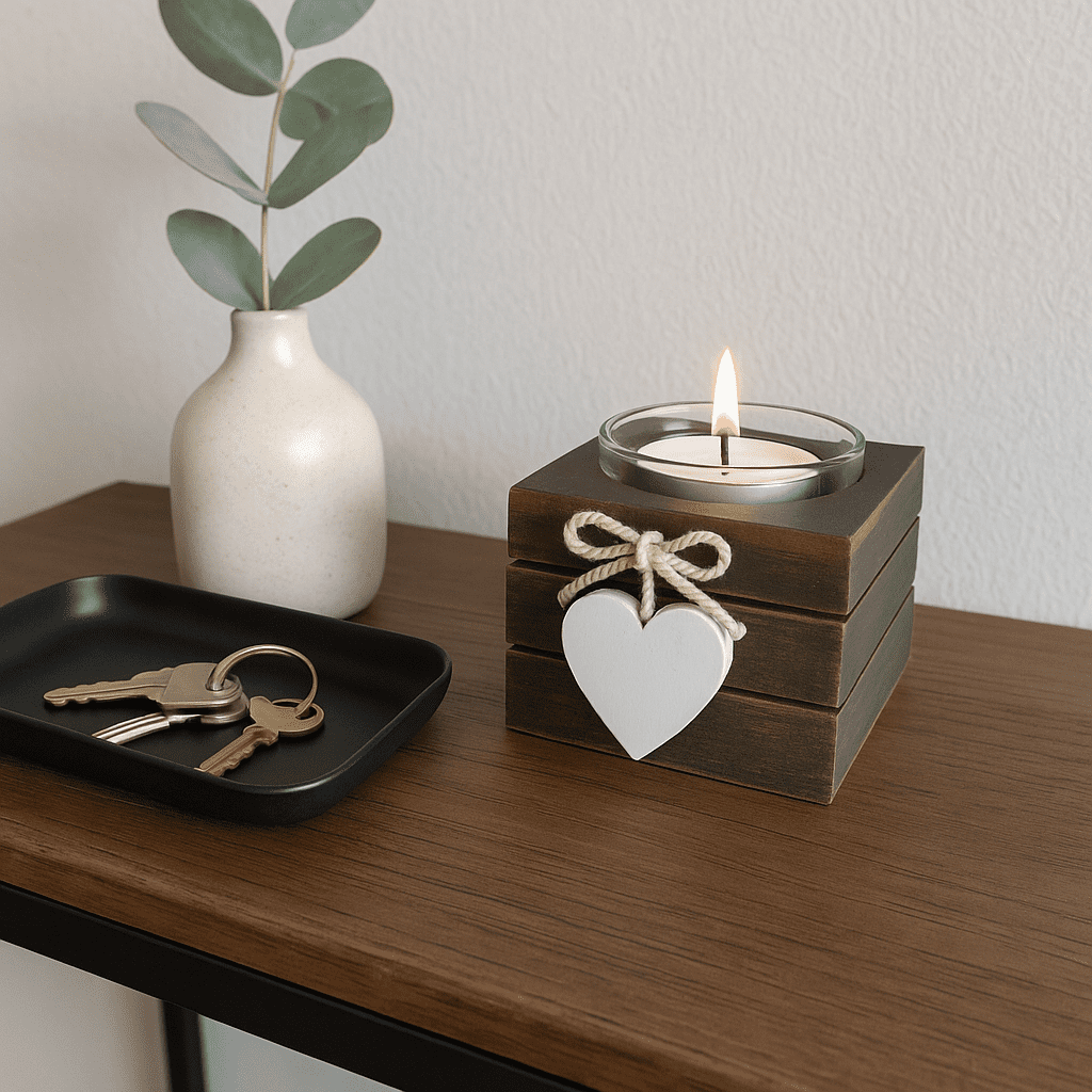 MDF umber tealight holder in welcoming entryway setting