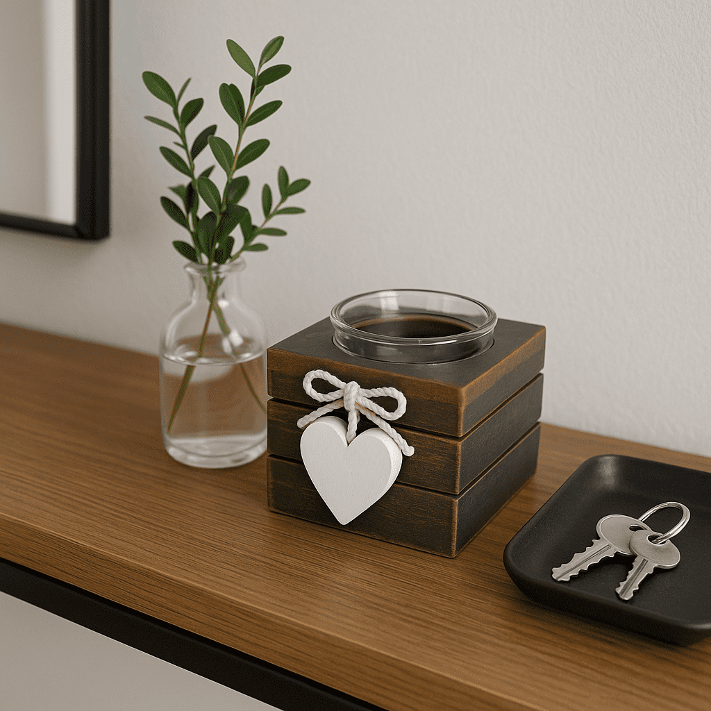 Heart accent MDF umber tealight holder, 3.1x3.1x2.75 inches, 196g