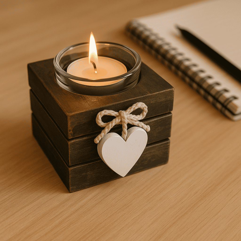 Umber tealight holder on creative desk with candle glowing