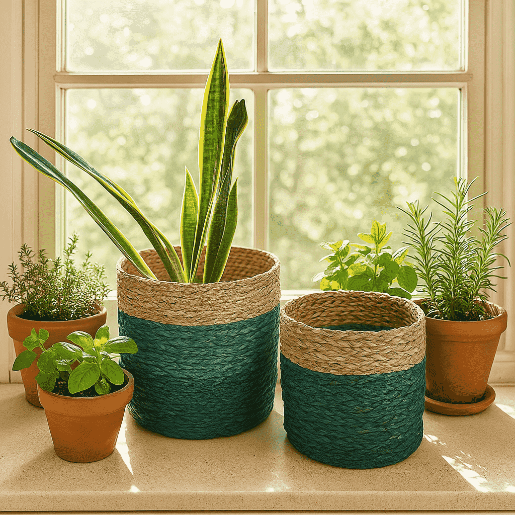 Close-up detail of the earthy handwoven planters