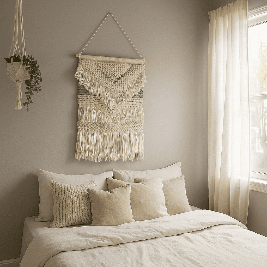 Multicolour wool and cotton wall hanging styled above a bed