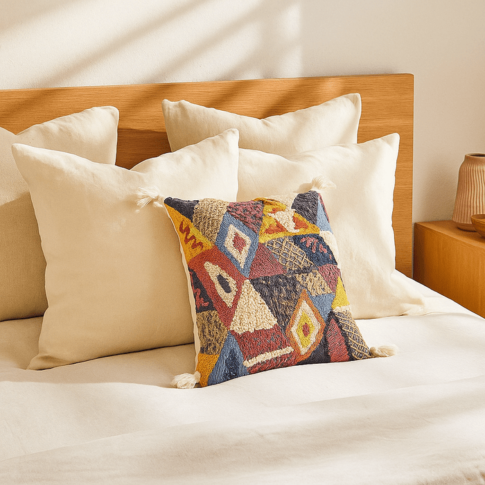 Colorful tasseled cushion back view