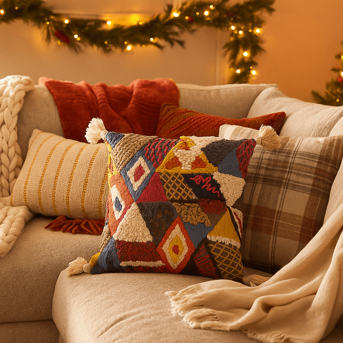 Colorful tasseled cushion side view