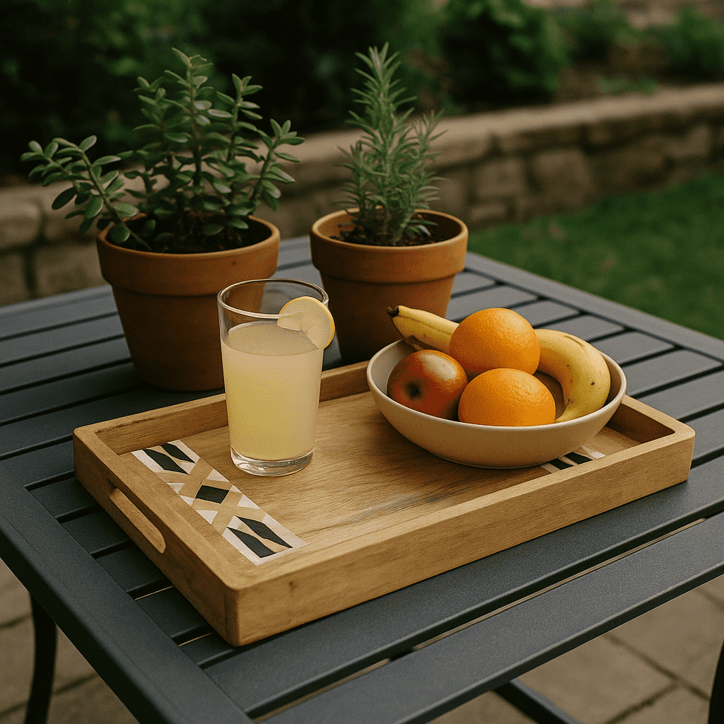 Handcut mango wood tray styled with items