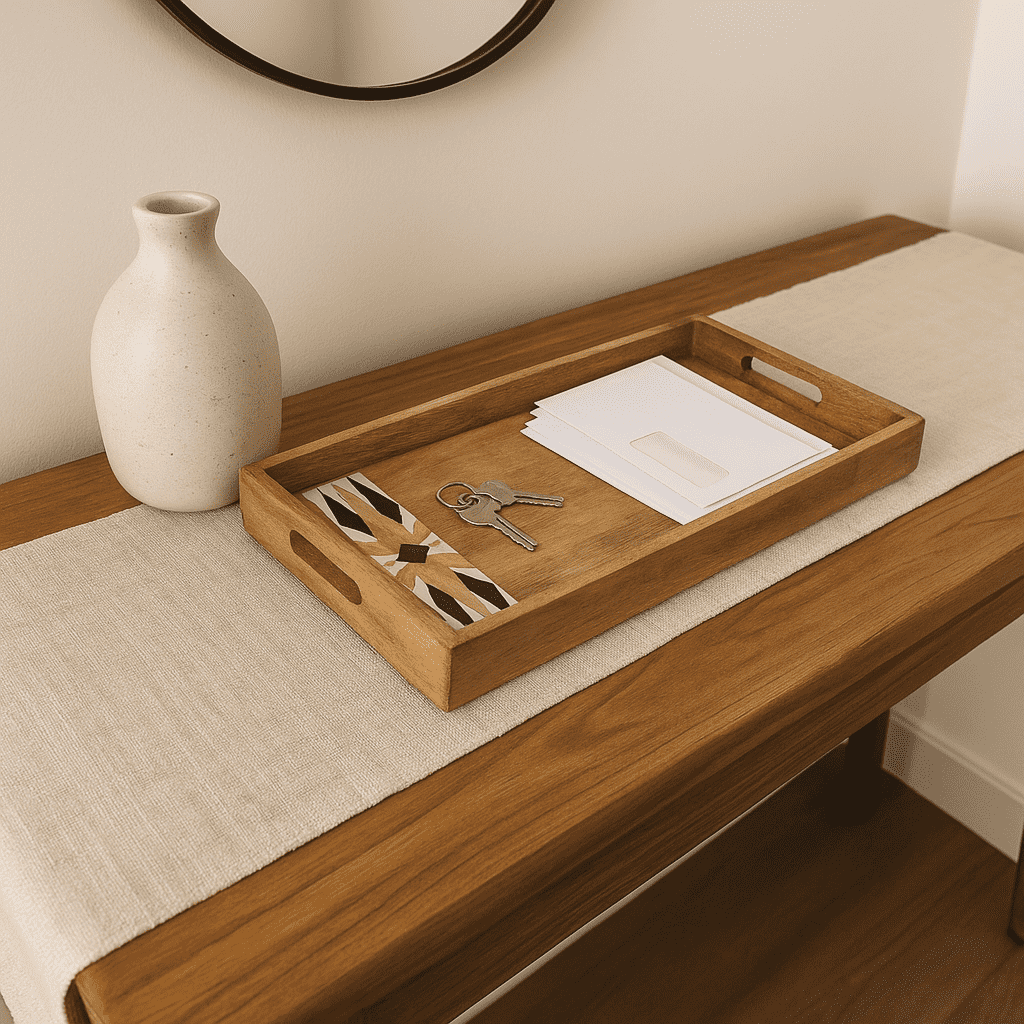 Handcut mango wood tray at an angle