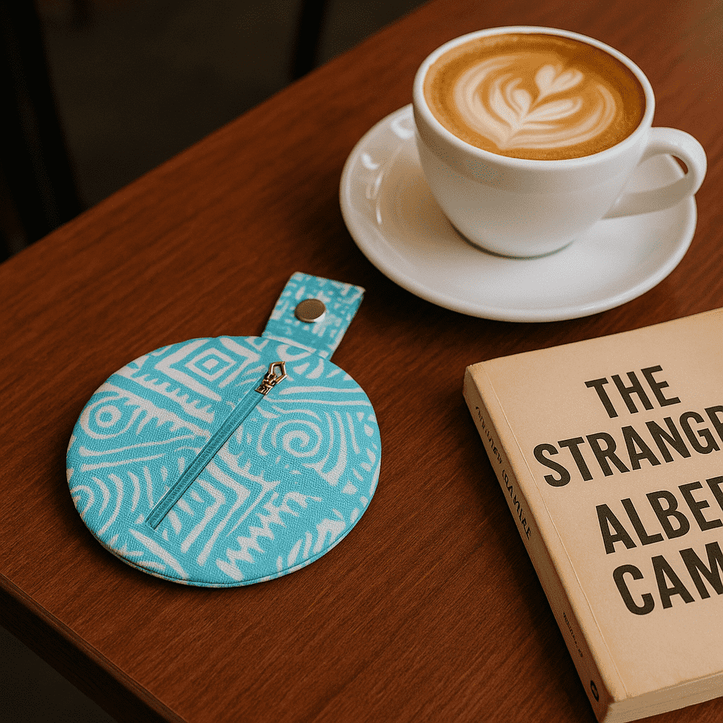 Angled view of the handmade cotton pouch