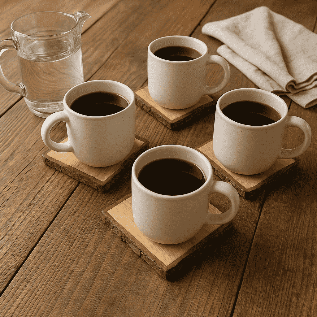 Wooden bark coasters styled with a drink