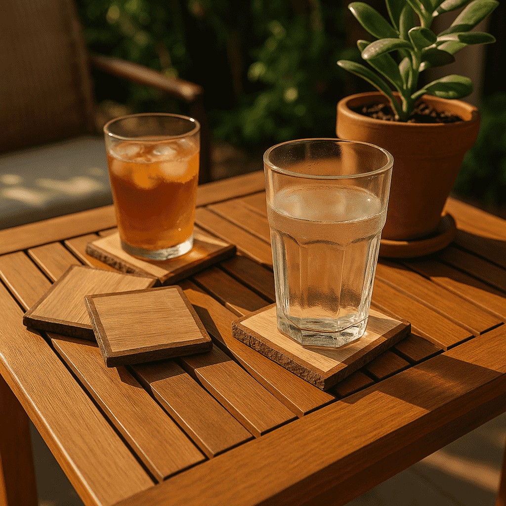 Wooden bark coasters at an angle