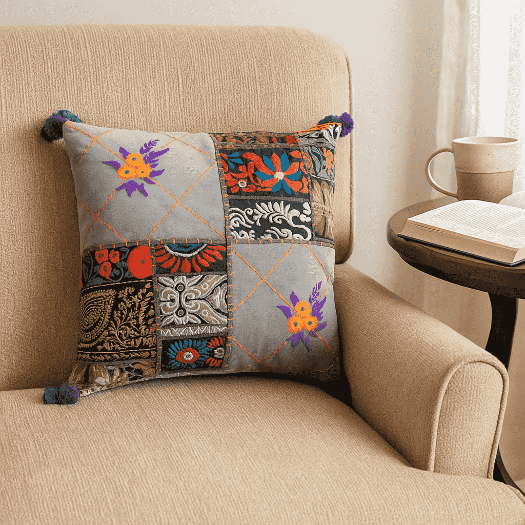 Embroidered patchwork cushion cover at an angle
