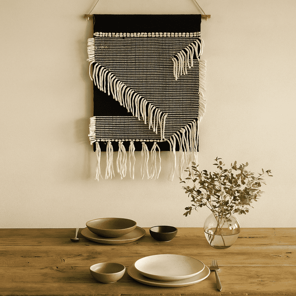 Monochrome cotton fringe wall hanging hand-woven by Gleemium