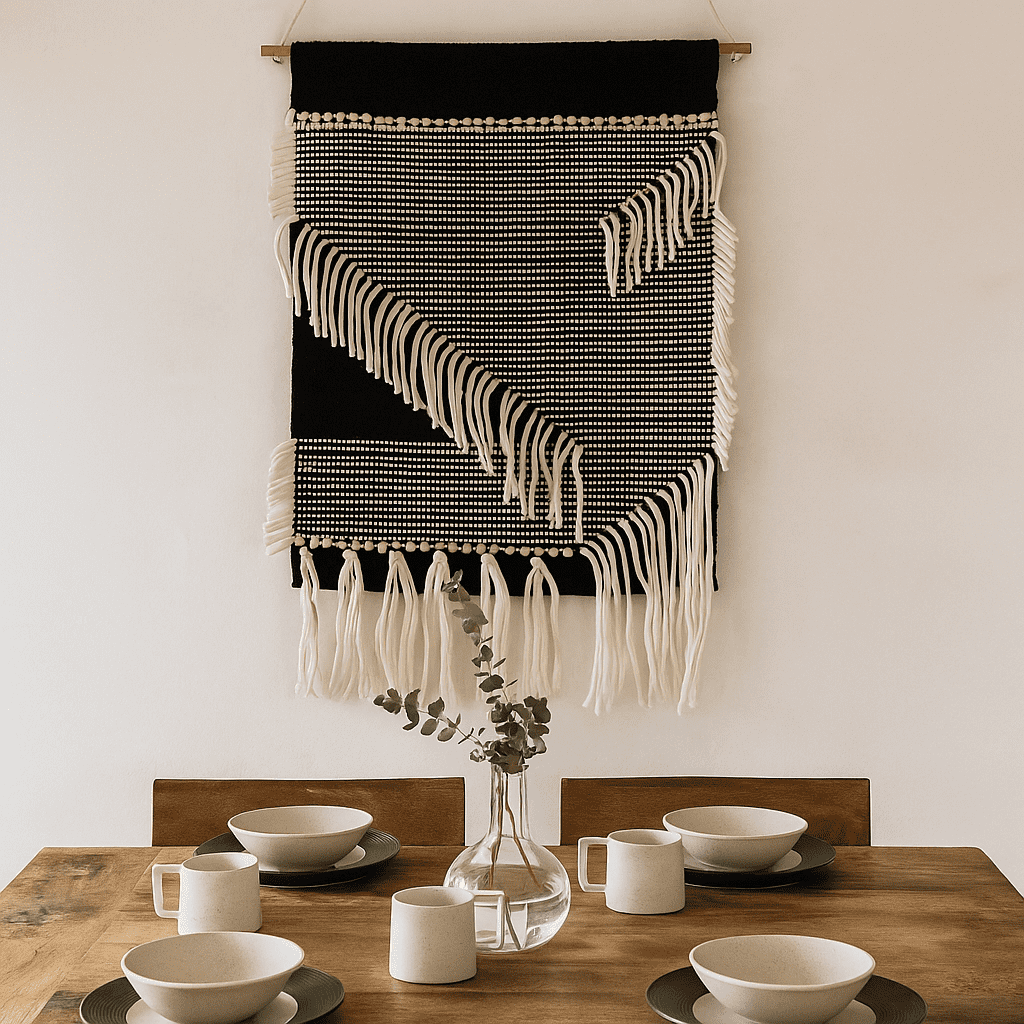 Monochrome cotton fringe wall hanging close-up of woven texture