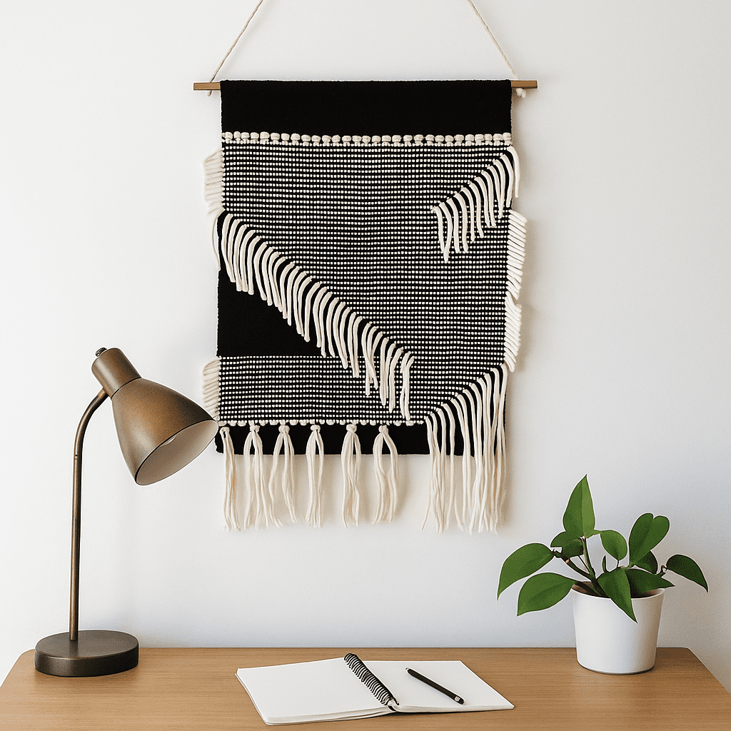 Monochrome cotton fringe wall hanging detail of bottom fringe
