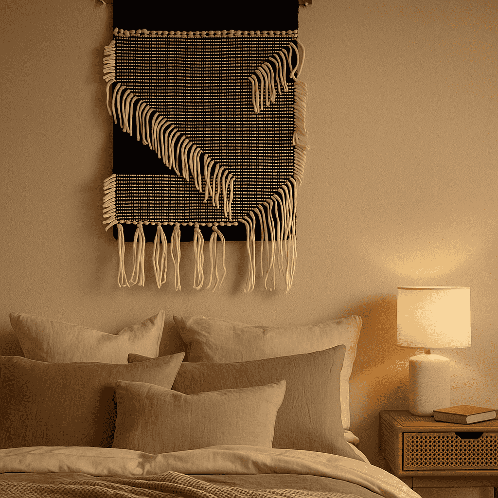 Monochrome cotton fringe wall hanging above a sofa