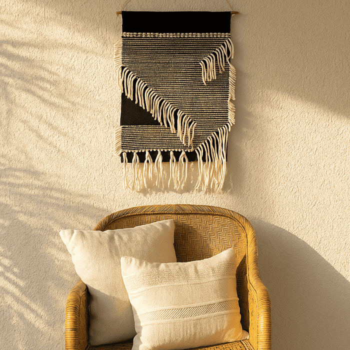 Monochrome cotton fringe wall hanging front view of black and cream weave