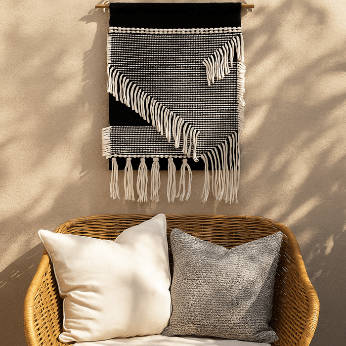 Monochrome cotton fringe wall hanging in a Scandi living room