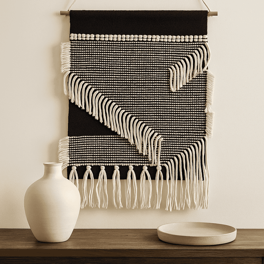 Monochrome cotton fringe wall hanging on a plain wall