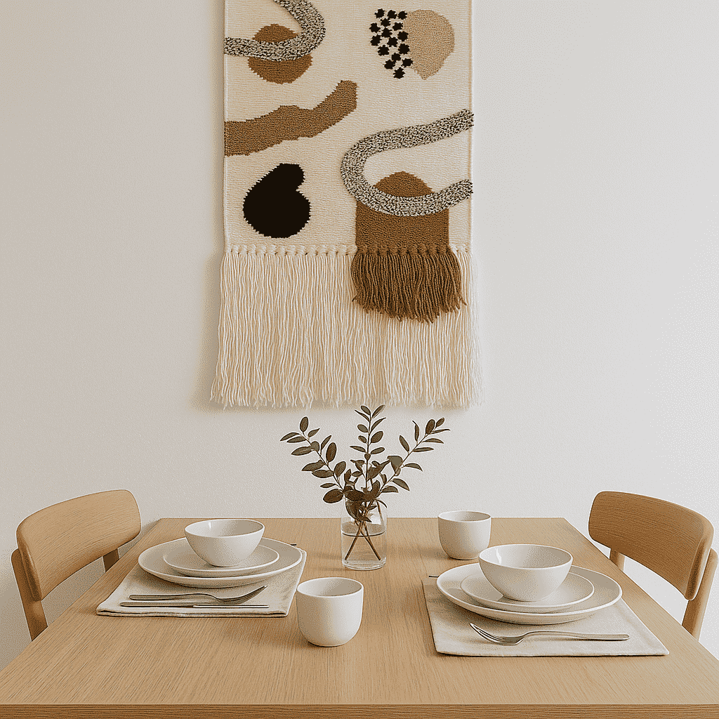 Layered fringe wool wall hanging close-up of abstract shapes