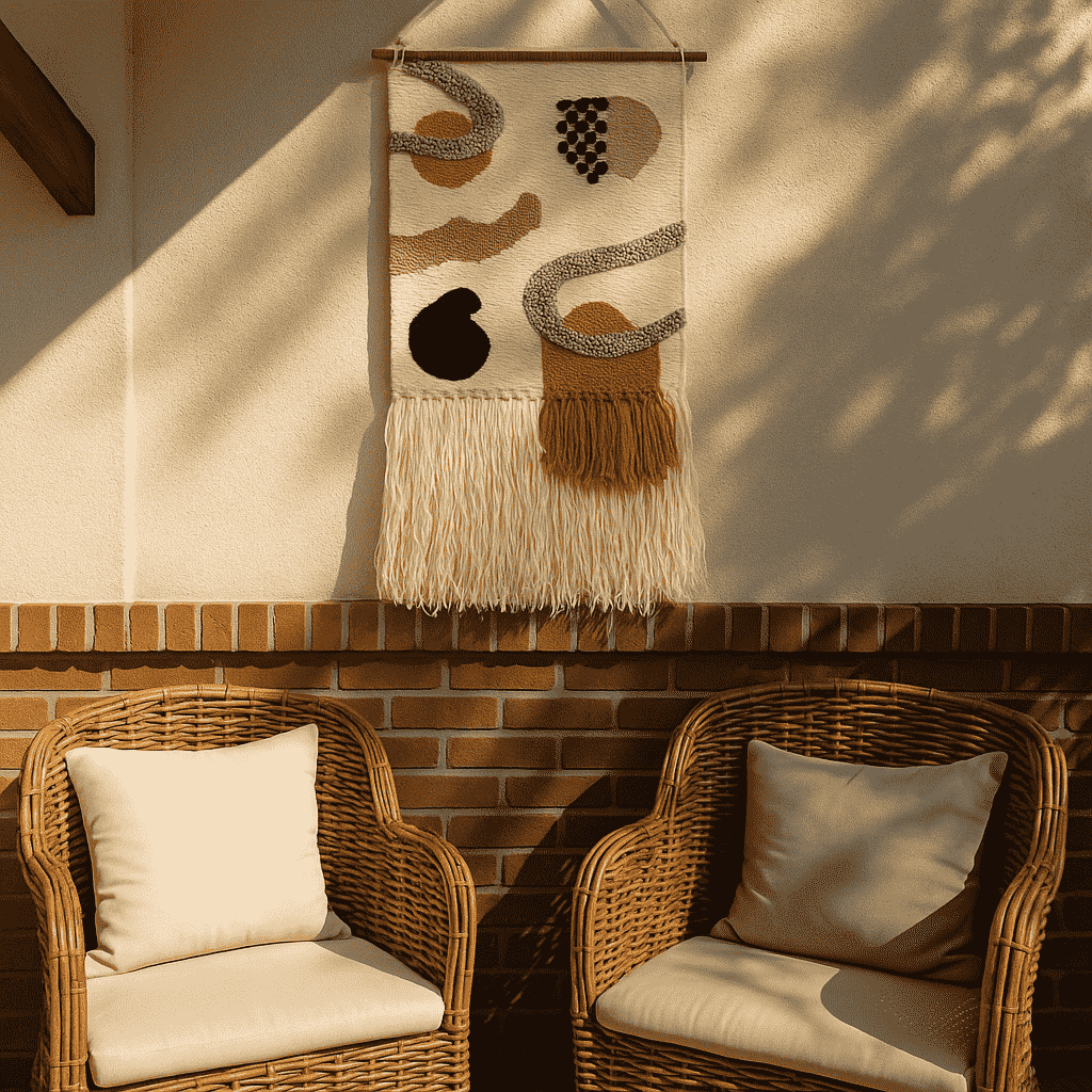 Layered fringe wool wall hanging on a plain wall