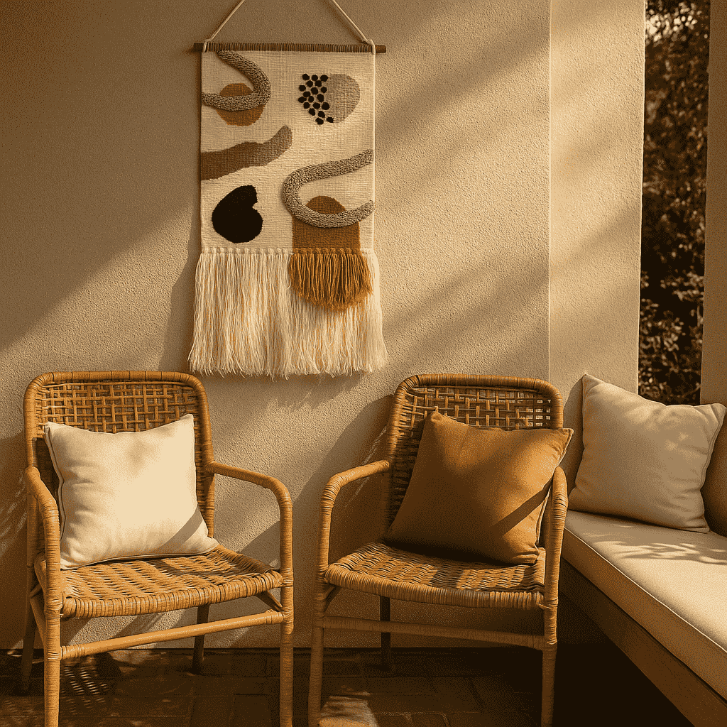 Layered fringe wool wall hanging shown at an angle