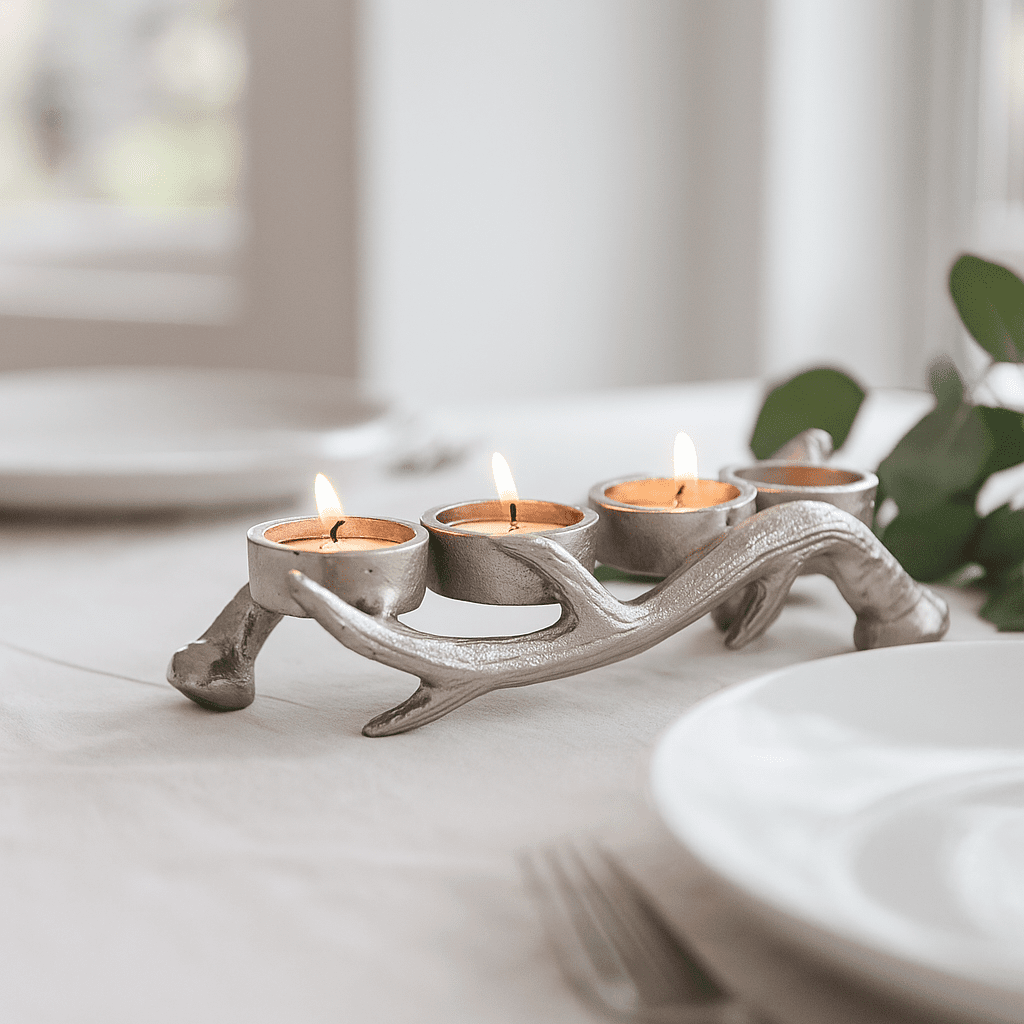 Silver reindeer antler tealight holder, 9x3x2.25 inches, 540g, holds 4 tealights