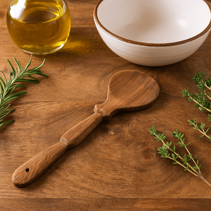 Acacia serving spoon close-up of grain
