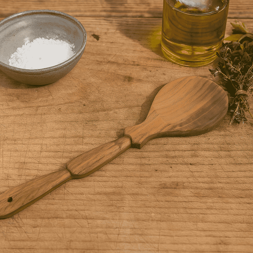 Acacia serving spoon angled view