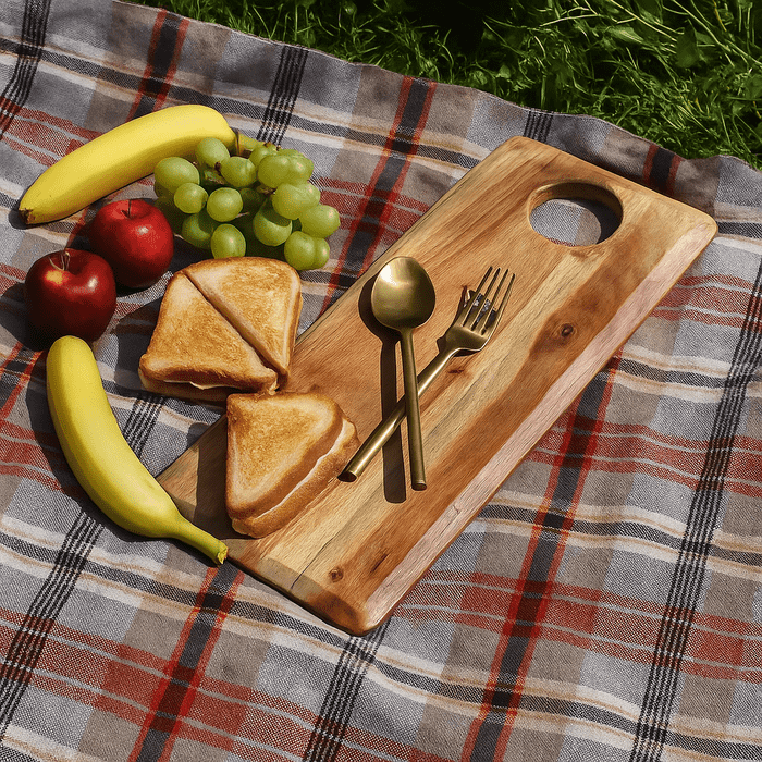 Classic acacia chopping board with food