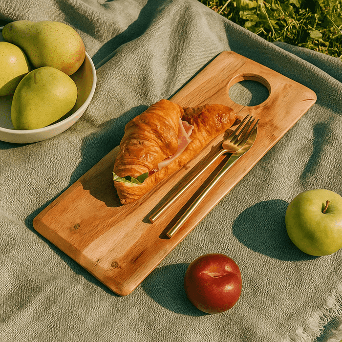 Classic acacia chopping board at an angle