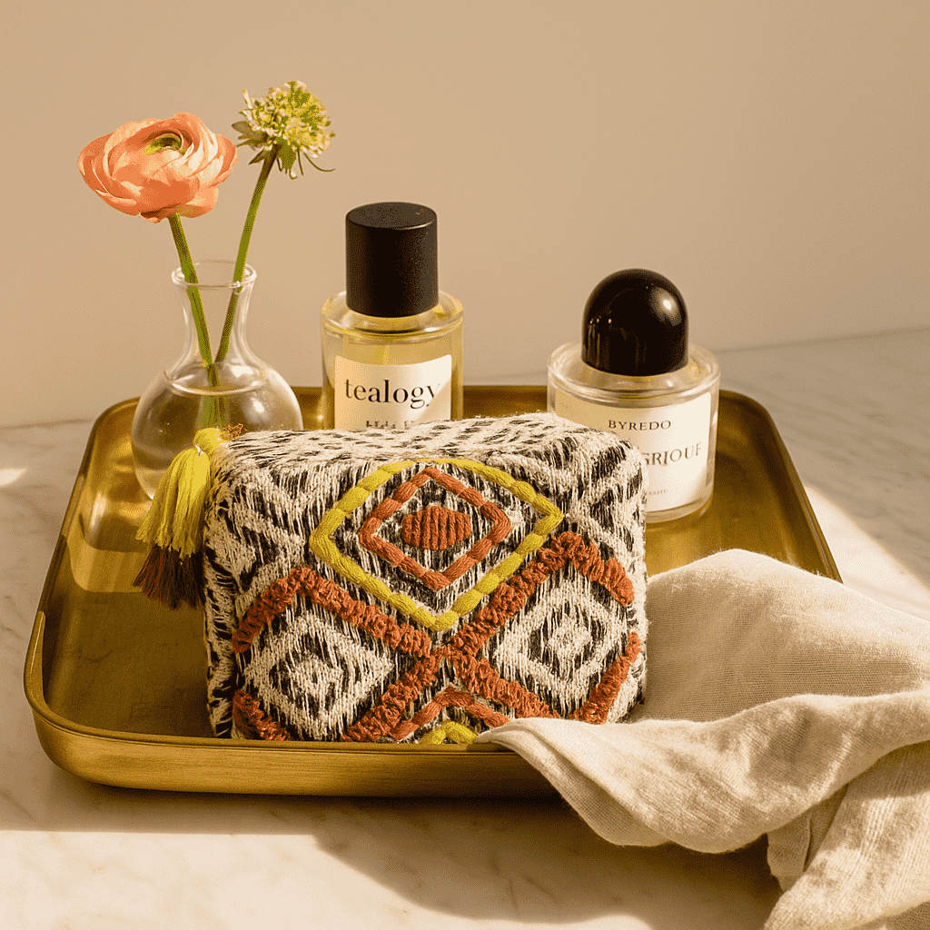 Embroidered Cotton Travel Pouch – Quilted Boho Organizer