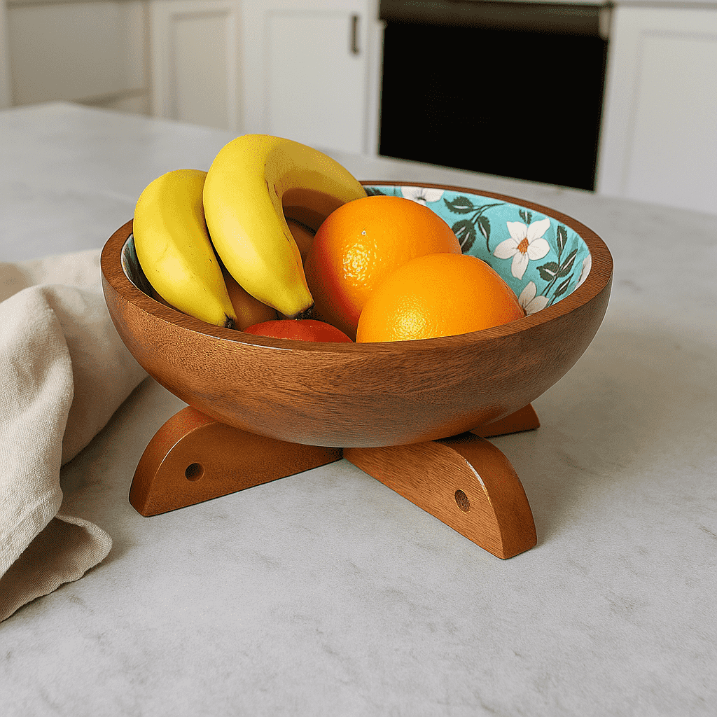 Wooden bowl stand side view