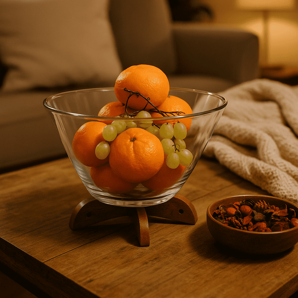 Wooden bowl stand with a bowl on top