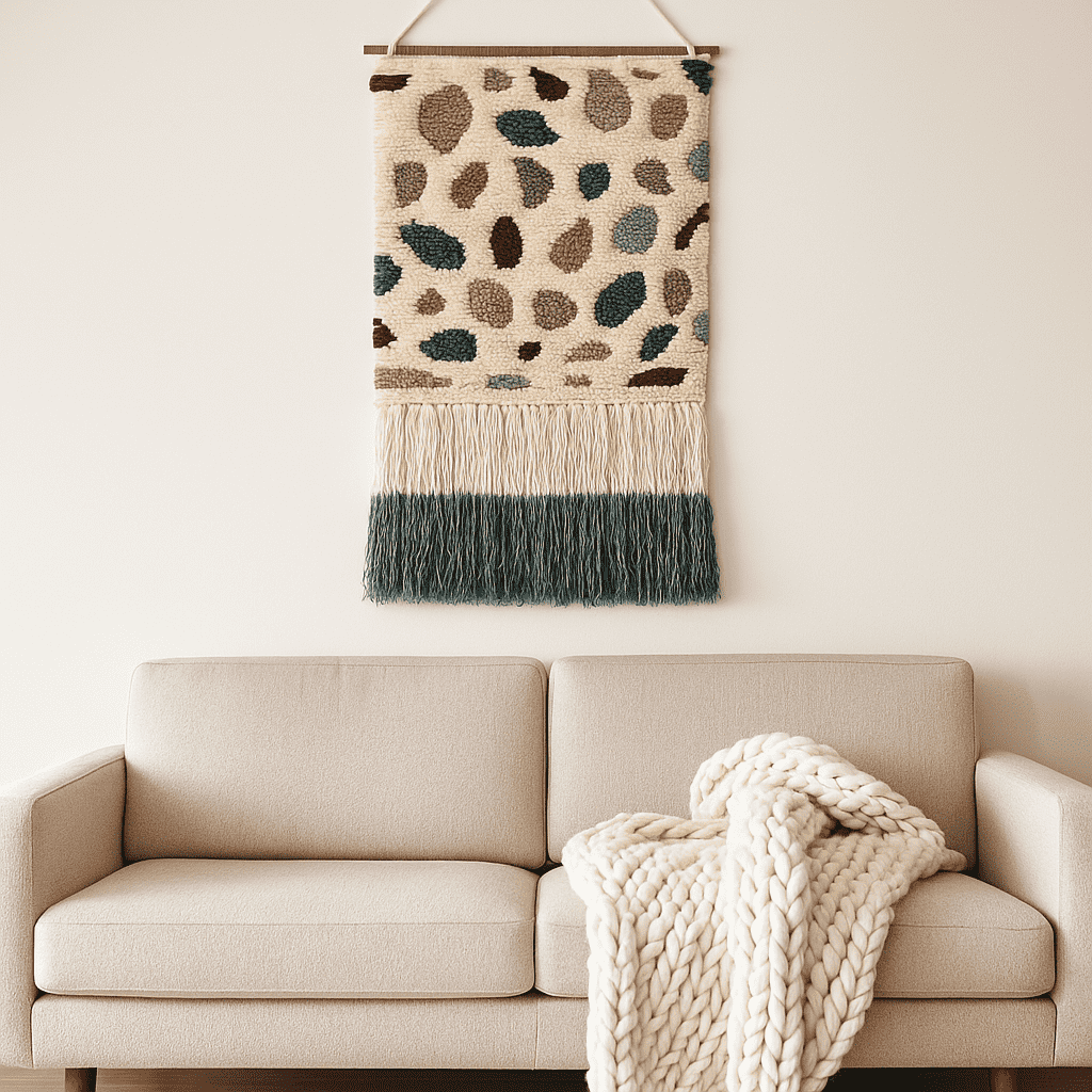 Boho tufted wool wall hanging front view of abstract shapes