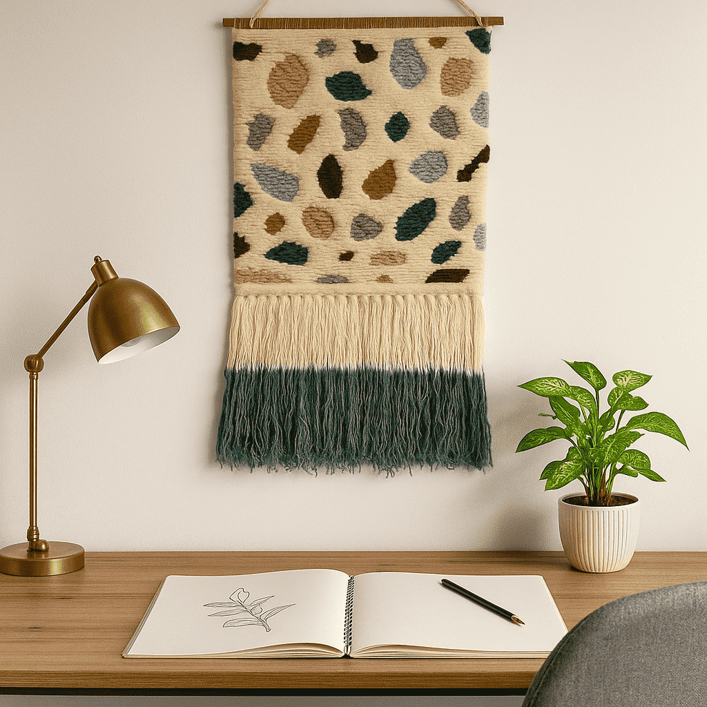 Boho tufted wool wall hanging detail of soft fringe