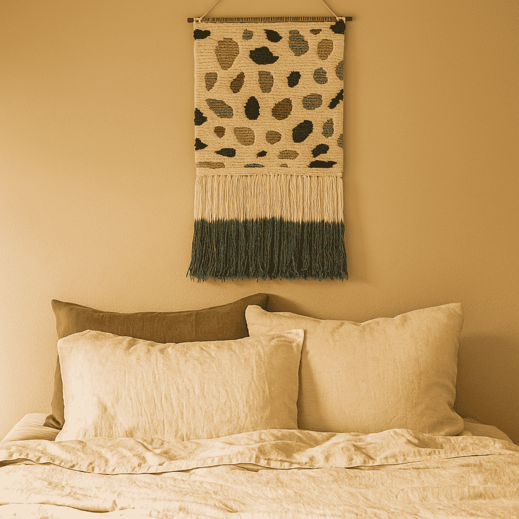 Boho tufted wool wall hanging shown at an angle