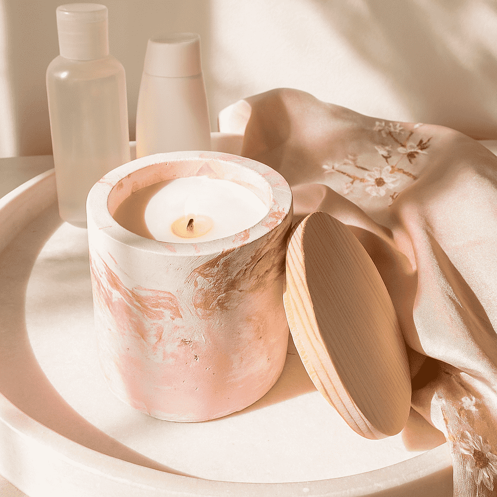 Marbled concrete jar on vanity scene